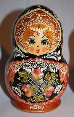 10 Matryoshka Russian 10 Pc. Nesting Dolls Hand Painted Black Floral Scarf