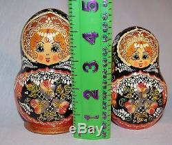10 Matryoshka Russian 10 Pc. Nesting Dolls Hand Painted Black Floral Scarf