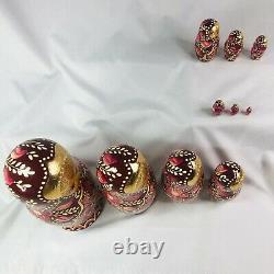 10 Pc Matryoshka Russian Nesting Dolls Artist Signed Hand Painted Gold n Florals