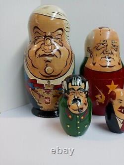 10 Piece Full Set Vintage Russian World Leaders Nesting Dolls Wood
