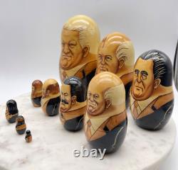 10 Piece Full Set Vintage Russian World Leaders Nesting Dolls Wood Moscow 1996