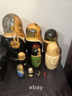 10 Piece Full Set Vintage Russian World Leaders Nesting Dolls Wood Rare