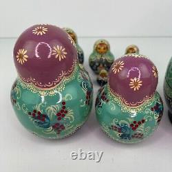 10 Piece Set Russian Hand Painted Nesting Dolls Blue Purple and Metallic Paint