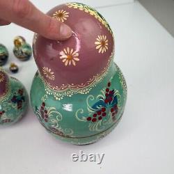 10 Piece Set Russian Hand Painted Nesting Dolls Blue Purple and Metallic Paint