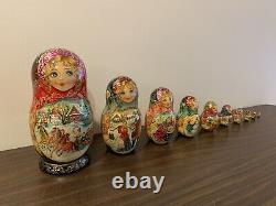 10 Vintage Russian Hand Painted Winter Nesting Dolls Matryoshka 10 Dolls Signed