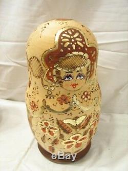 10 Wooden Russian Matryoshka Nesting Doll 8-1/2 Signed Hand Made Ornate Gold