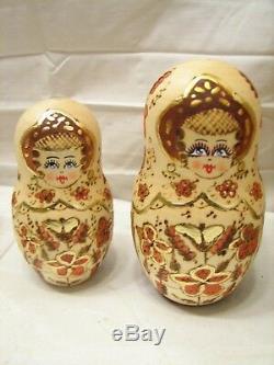 10 Wooden Russian Matryoshka Nesting Doll 8-1/2 Signed Hand Made Ornate Gold