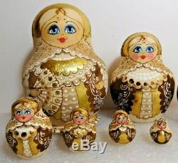 10 Wooden Russian Matryoshka Wood Nesting Dolls Signed Hand Made Ornate Gold