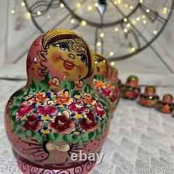 10 piece Russian Matryoshka Woman Feelings Dolls Hand Painted Wood Pink