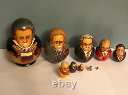 10 piece wooden Matryoshka Russian political leaders nesting dolls, signed