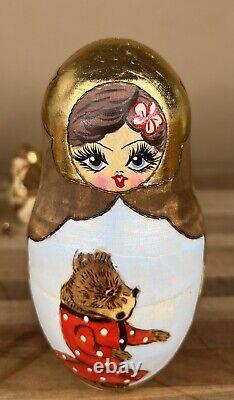 10pc Matryoshka Russia Nesting Doll Hand Painted Wood Burn Gold Foil Signed 1993