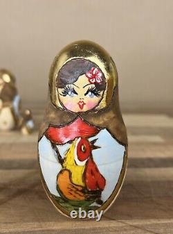 10pc Matryoshka Russia Nesting Doll Hand Painted Wood Burn Gold Foil Signed 1993