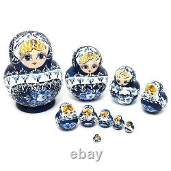 10pcs Wooden Hand Painted Nesting Russian Doll Set Babushka Matryoshka Blue Gift