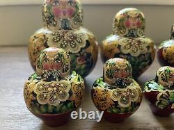 11 Pcs Russian MATRYOSHKA Hand Painted Nesting Dolls Artist Signed Red Gold 5