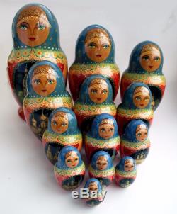 13Pcs Signed Matryoshka Russian Golden ring Nesting Doll Magnificent Vintage 98