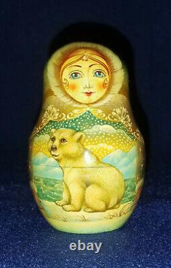 13 Pc RUSSIAN Nesting Dolls GIRL WITH BEARS Wood hand painted SIGNED Matryoshka