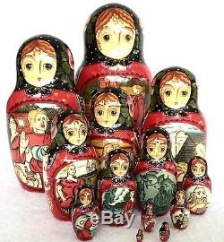 13 Piece Vintage 1992 SIGNED Wooden FAIRY TALE Russian Nesting Dolls Set
