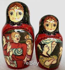 13 Piece Vintage 1992 SIGNED Wooden FAIRY TALE Russian Nesting Dolls Set