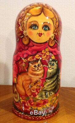14 OOAK Russian Matryoshka 15 Nest Doll CATS Crafts Hand Painted by Chirkova