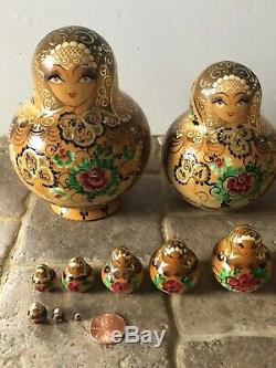 15 Pcs Matryoshka Russian Nesting Doll Signed Wooden Hand Gold Painted Babushka