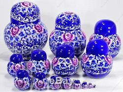 15 Piece Set Gorgeous Russian Authentic Blue Matryoshka Nesting Dolls 15pcs