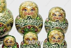 15 Piece Set Gorgeous Russian Authentic Matryoshka Nesting Dolls 15pcs Green