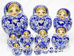 15 Piece Set Gorgeous Russian Authentic Matryoshka Nesting Dolls 15pcs Gzhel