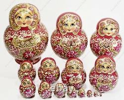 15 Piece Set Gorgeous Russian Authentic Matryoshka Nesting Dolls 15pcs Red