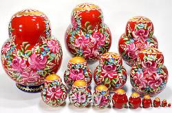 15 Piece Set Gorgeous Russian Authentic Matryoshka Nesting Dolls 15pcs Red Green