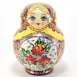 15 Piece Set Gorgeous Russian Authentic Matryoshka Nesting Dolls 15pcs Yellow