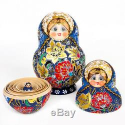 15 pc Blue and Red Nesting dolls Russian Matryoshka with Hand Painted Flowers