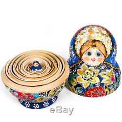 15 pc Blue and Red Nesting dolls Russian Matryoshka with Hand Painted Flowers