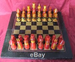 1960s VINTAGE RUSSIAN USSR WOOD HAND PAINTED MATRYOSHKA DOLL CHESS SET withBOARD