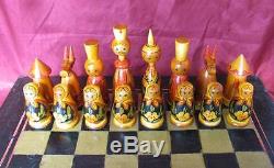 1960s VINTAGE RUSSIAN USSR WOOD HAND PAINTED MATRYOSHKA DOLL CHESS SET withBOARD