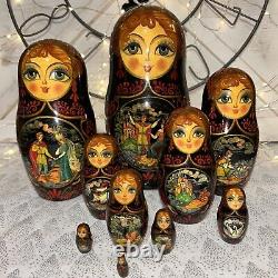 1992 VTG Russian Fairytale Nesting DOLL Hand Painted Signed 9.5- 10 Pce