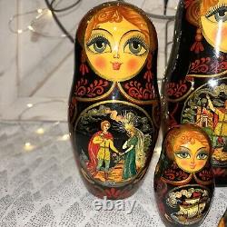 1992 VTG Russian Fairytale Nesting DOLL Hand Painted Signed 9.5- 10 Pce