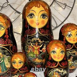 1992 VTG Russian Fairytale Nesting DOLL Hand Painted Signed 9.5- 10 Pce