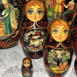 1992 VTG Russian Fairytale Nesting DOLL Hand Painted Signed 9.5- 10 Pce