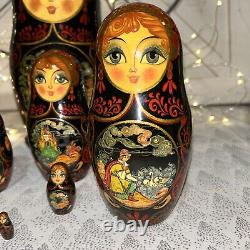 1992 VTG Russian Fairytale Nesting DOLL Hand Painted Signed 9.5- 10 Pce