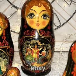 1992 VTG Russian Fairytale Nesting DOLL Hand Painted Signed 9.5- 10 Pce