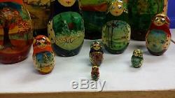 1993 Artist Signed 11 Russian Nesting Hand Painted Wooden Dolls 10-1/2 Tall