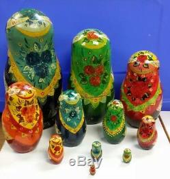 1993 Artist Signed 11 Russian Nesting Hand Painted Wooden Dolls 10-1/2 Tall