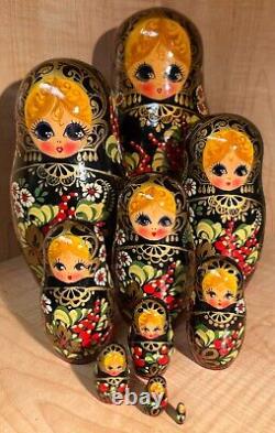 1993 Vintage Khokhloma European Matryoshka Nesting Doll 10 Hohloma Flowers Gold