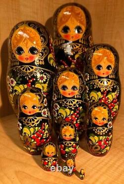 1993 Vintage Khokhloma European Matryoshka Nesting Doll 10 Hohloma Flowers Gold
