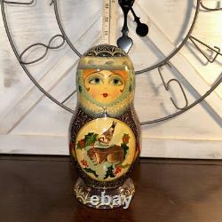 1994 Russian Matryoshka Nesting Dolls Holiday Birds w / Holly 10 Pce 10 Tall