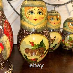1994 Russian Matryoshka Nesting Dolls Holiday Birds w / Holly 10 Pce 10 Tall