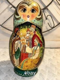 1994 VTG Russian Fairytale Nesting Doll Hand Painted Signed 9.5 10 Pce