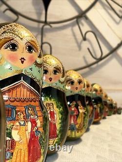 1994 VTG Russian Fairytale Nesting Doll Hand Painted Signed 9.5 10 Pce