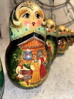 1994 VTG Russian Fairytale Nesting Doll Hand Painted Signed 9.5 10 Pce