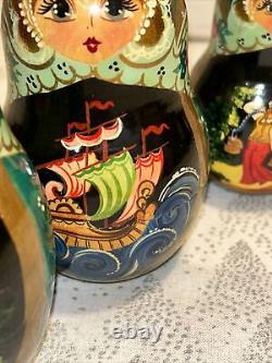 1994 VTG Russian Fairytale Nesting Doll Hand Painted Signed 9.5 10 Pce